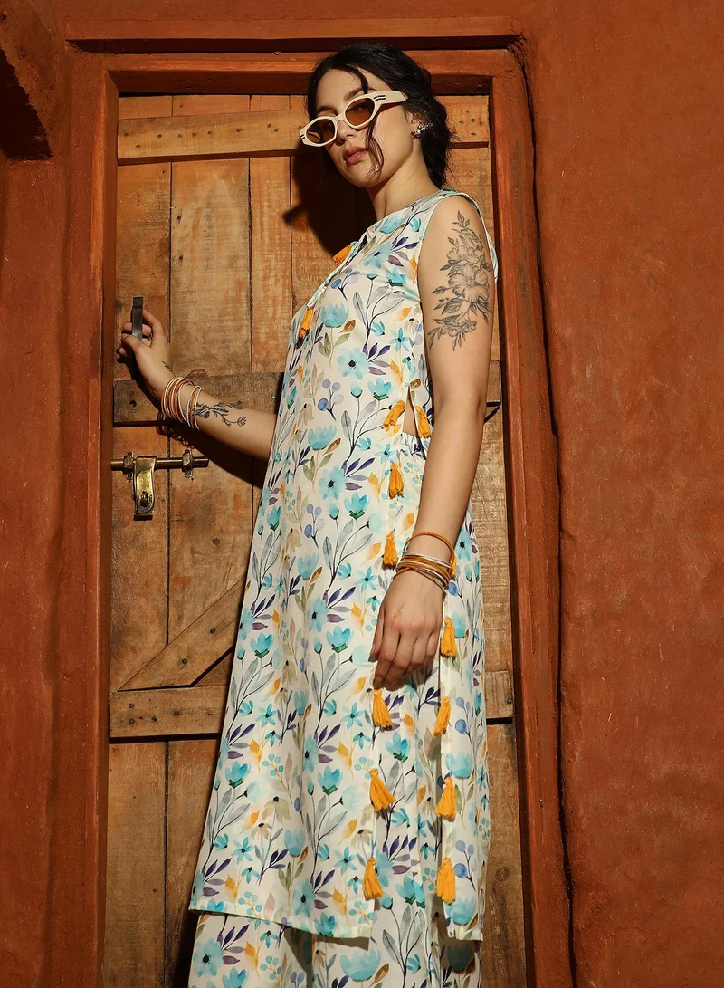 Qissa  Women's Multicolour Floral Tassel Kurta With Palazzo For Casual Wear | Mandarin Collar | Sleevesless | 2 Piece Kurta Set Designed With Comfort Fit For Everyday Ethnic Wear for Women | Best Price UAE
